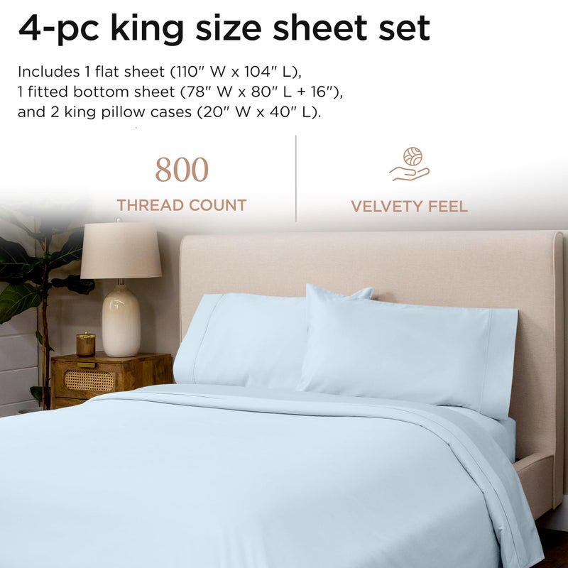 Threadmill Luxury 800 Thread Count King 100% Cotton Sheets - Light Blue Sateen Weave Bed-Sheets, Better Than Egyptian Cotton,4 Pc Solid Soft Bedding Set, Fits 16" Deep Pocket - Image 2
